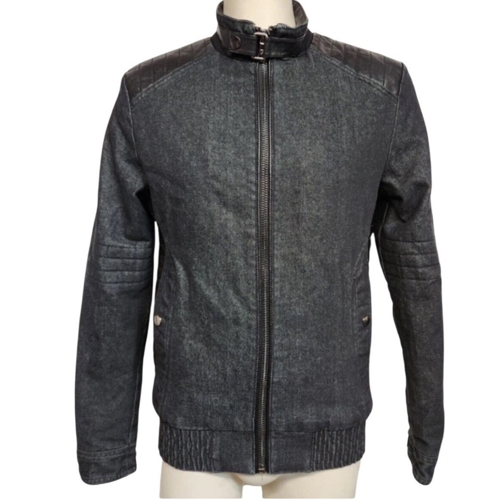 Fried Denim Mens Medium Black Moto Jacket Faux Leather Quilted Denim Bomber